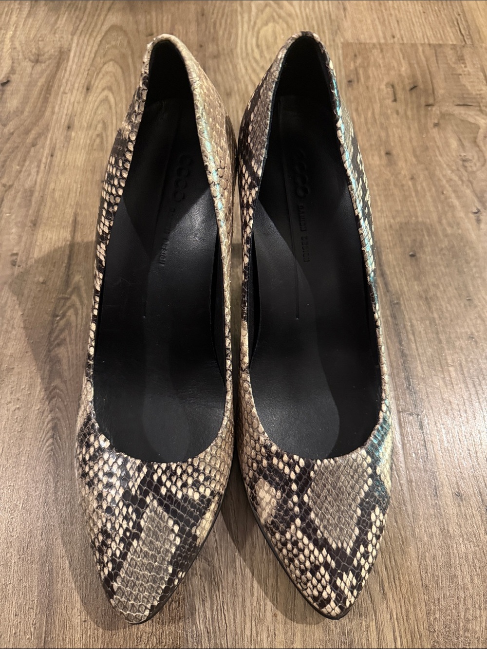 Ecco Snake-Print Pointed Toe Pumps in Beige and Black